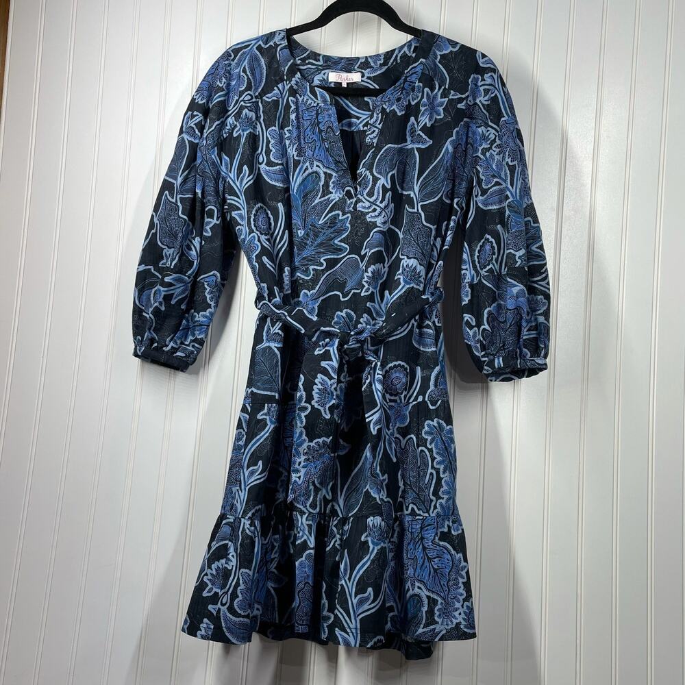 Parker Women’s Blue &‎ Black Floral 3/4 Sleeve Mini Dress Size Small